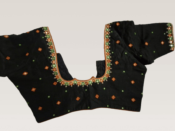 Black silk embroidered mirror work blouse