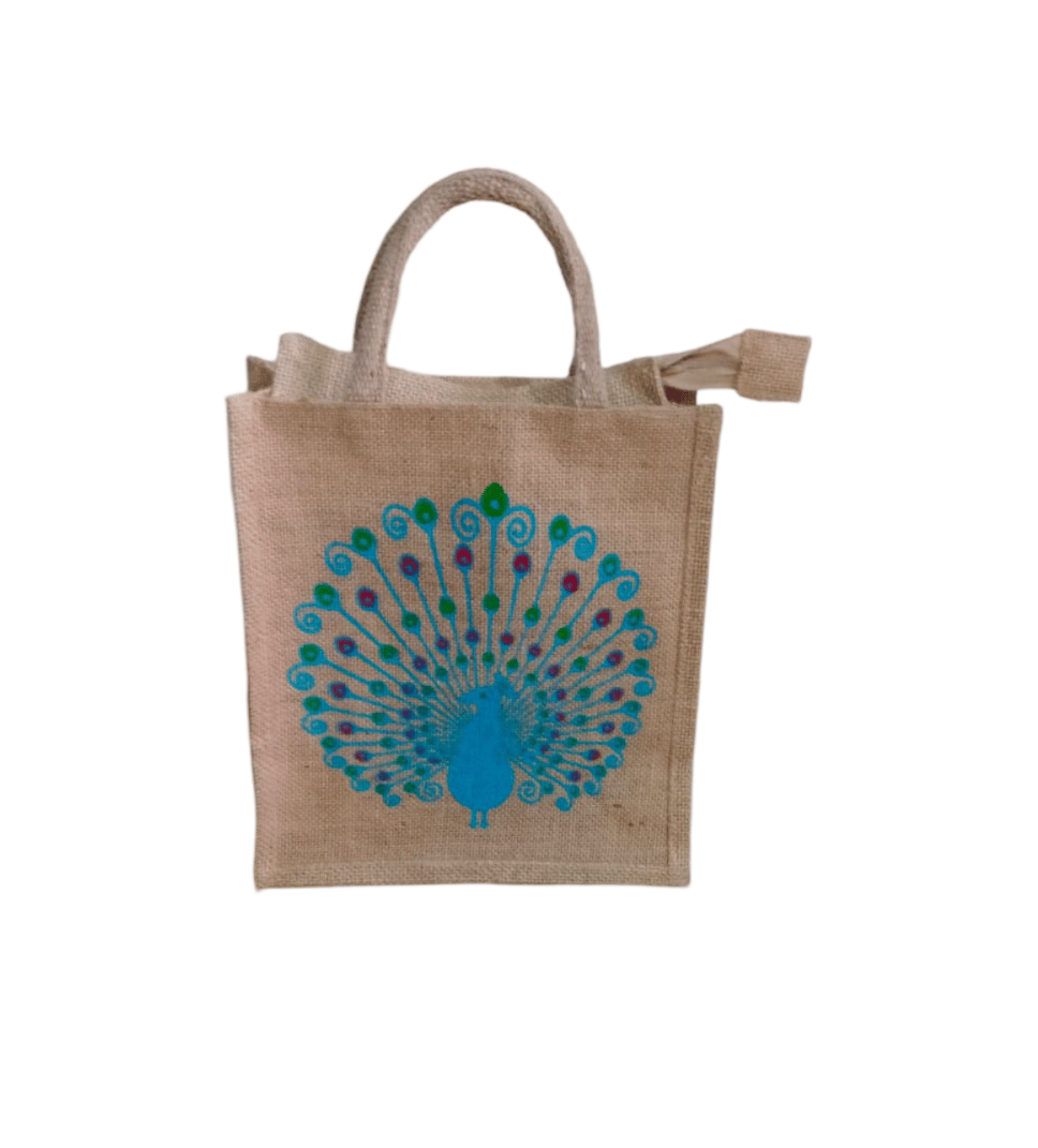 Peacock Print Small Jute Bag