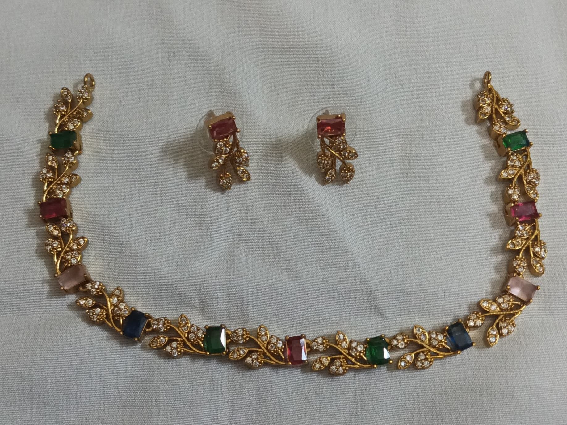 Bridal Necklace Set with Ruby, Emerald, and Sapphire Stones in Gold