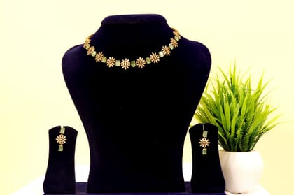 American Diamond and Green Stone Necklace Set in Gold