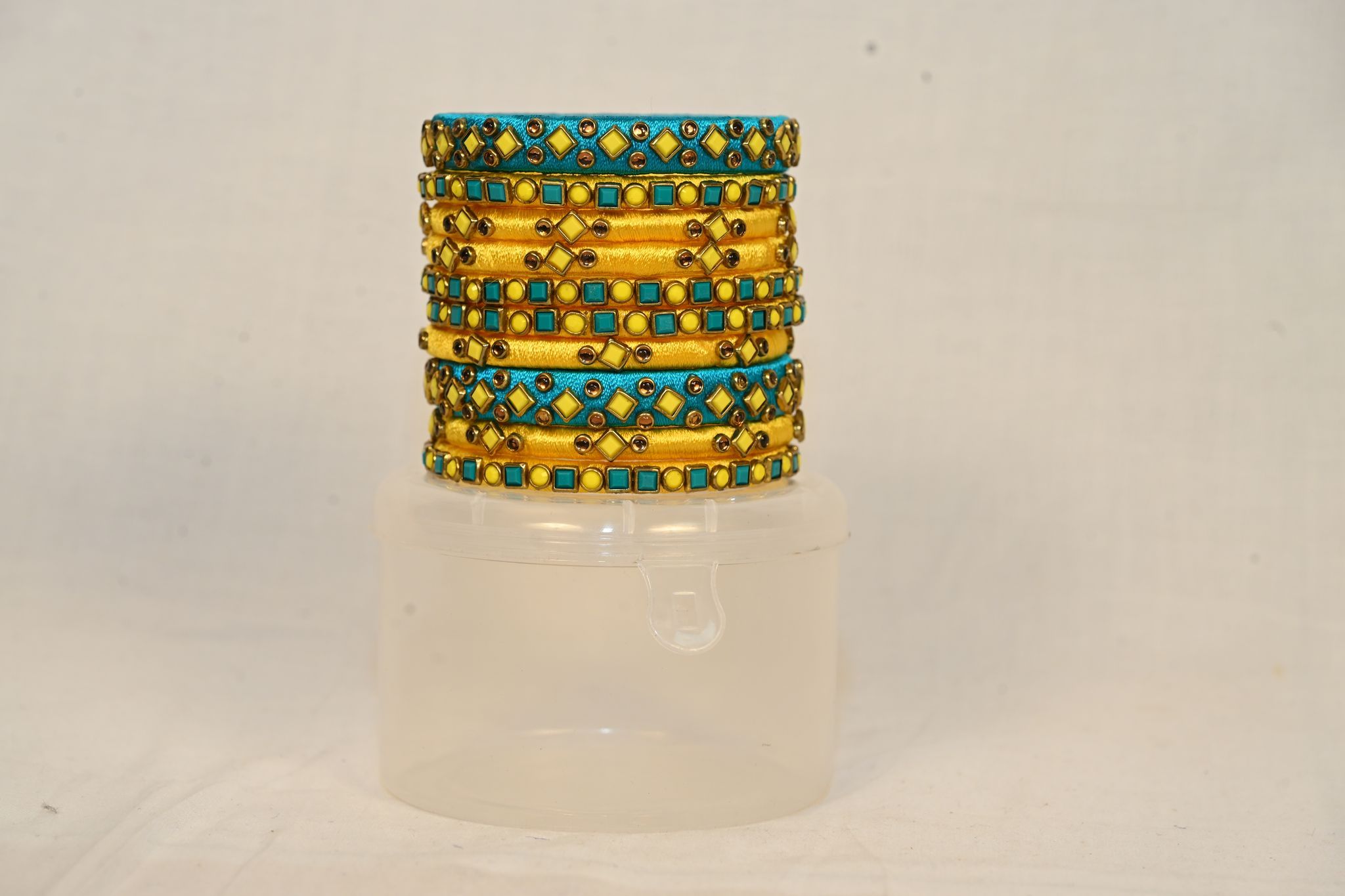 Set of 8 Yellow and Blue Silk Thread Bangles