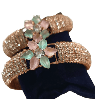 American Diamond Rose Gold Plated Bangle Bracelet with Pink and Green Stones