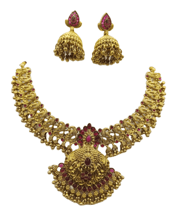 Gold-plated antique finish traditional ethnic temple jewellery necklace set with earrings for women