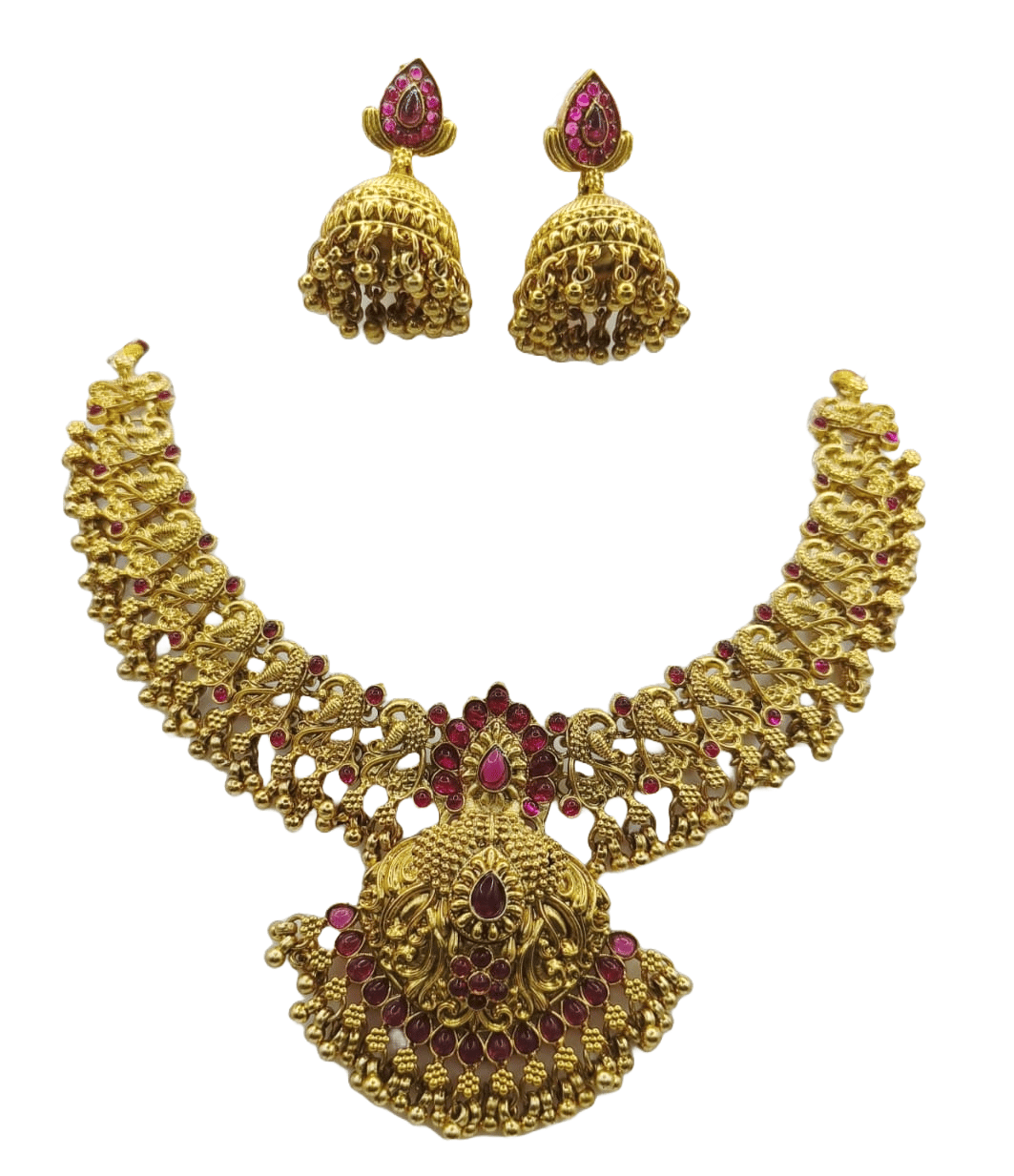 Gold-plated antique finish traditional ethnic temple jewellery necklace set with earrings for women