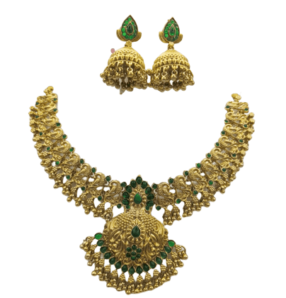 Gold-plated traditional Indian choker necklace set with green stones