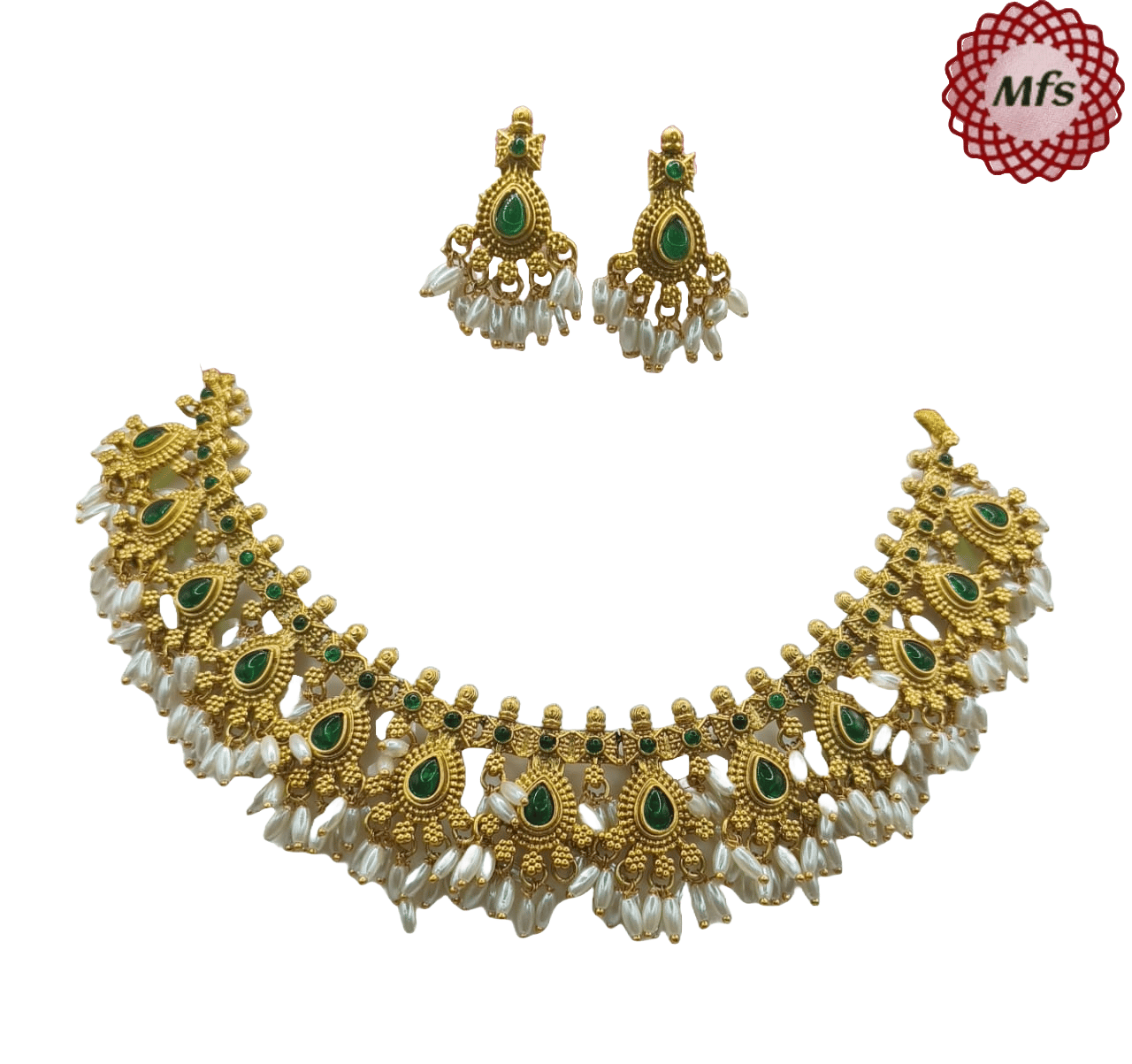 Gold-plated traditional Indian choker necklace set with green stones and pearls