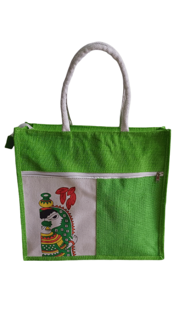 Handmade Jute Tote Bag with Zipper and Colorful Applique (Ichapuram)