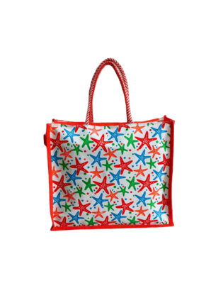Colorful starfish printed jute tote bag with red handles