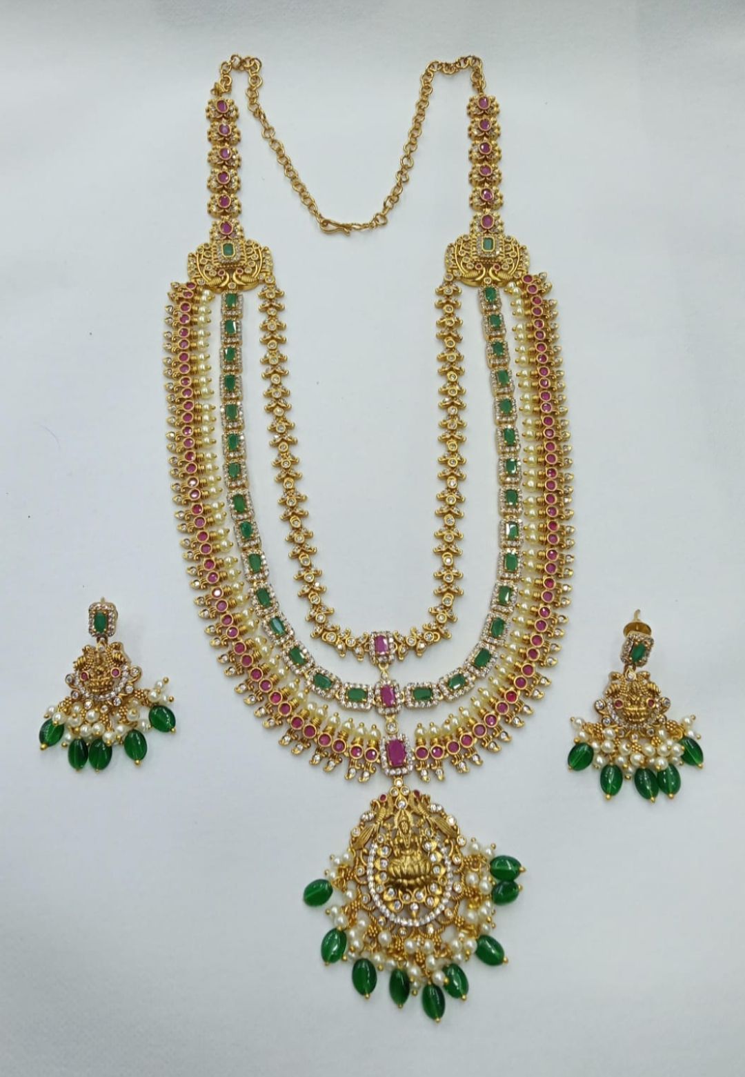 Stunning Lakshmi Antique Gold Necklace Set with Pearls and Green Stones