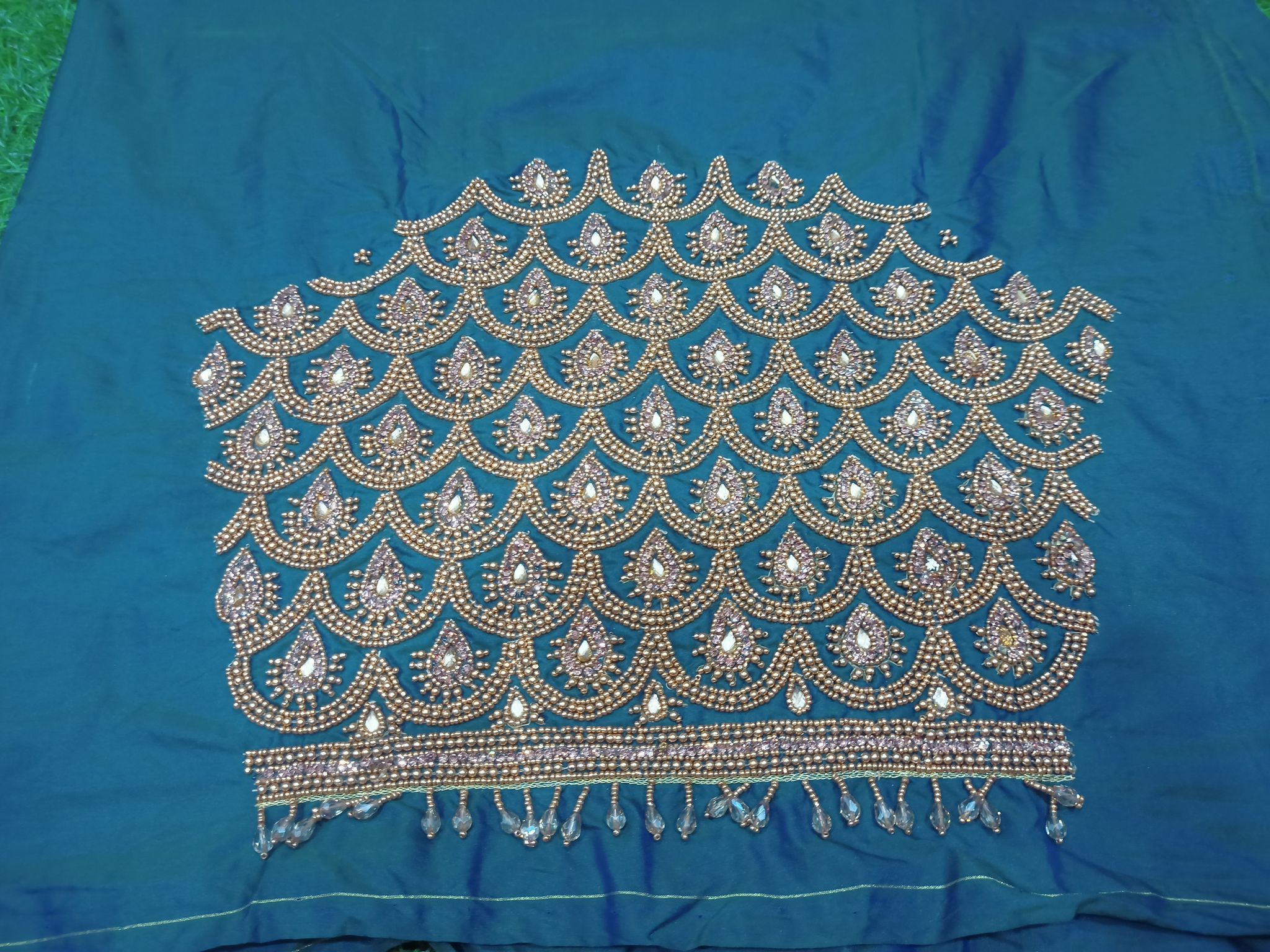 Hand Embroidered Blouse Neck Design With Stone And Pearl Work