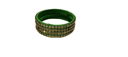 Green and Gold Silk Thread Bangles with Rhinestones