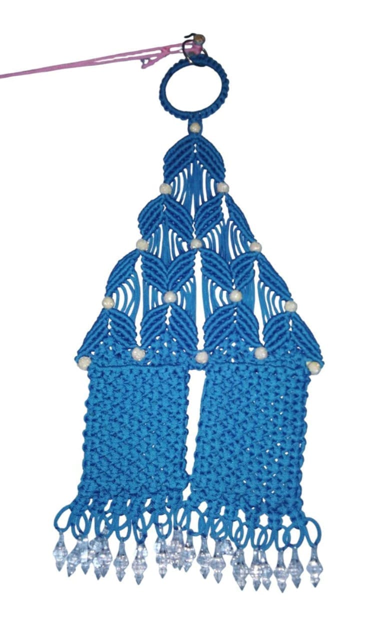 Handmade Blue Macrame Wall Hanging with Beads