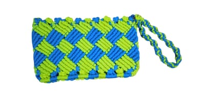 Handmade Macrame Clutch Purse with Green and Blue Diamond Pattern