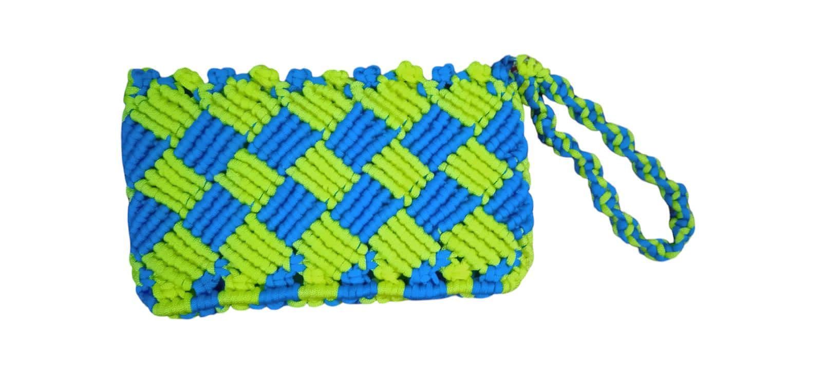 Handmade Macrame Clutch Purse with Green and Blue Diamond Pattern