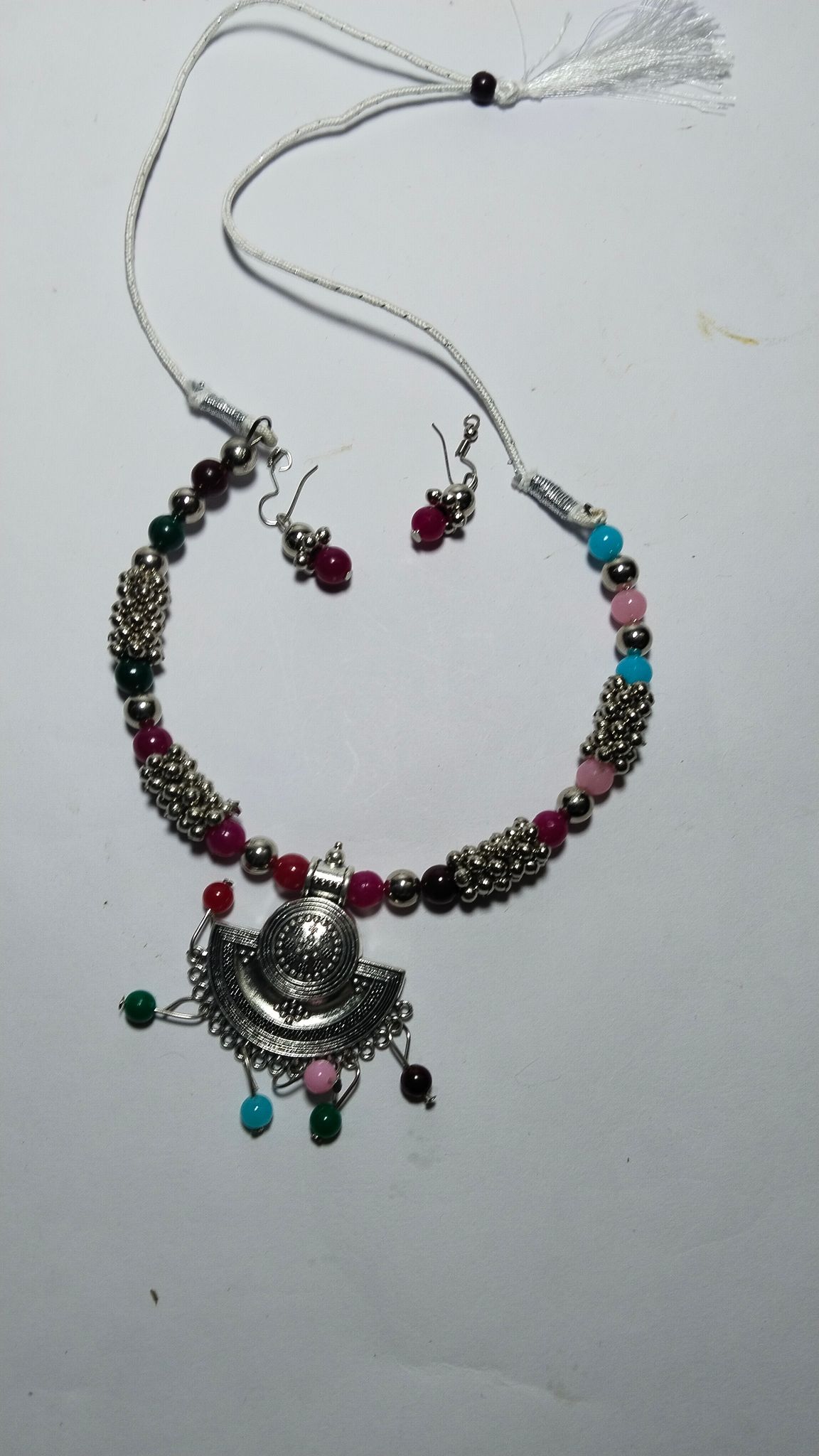 Oxidized Silver Choker Necklace Set with Beads and Stones