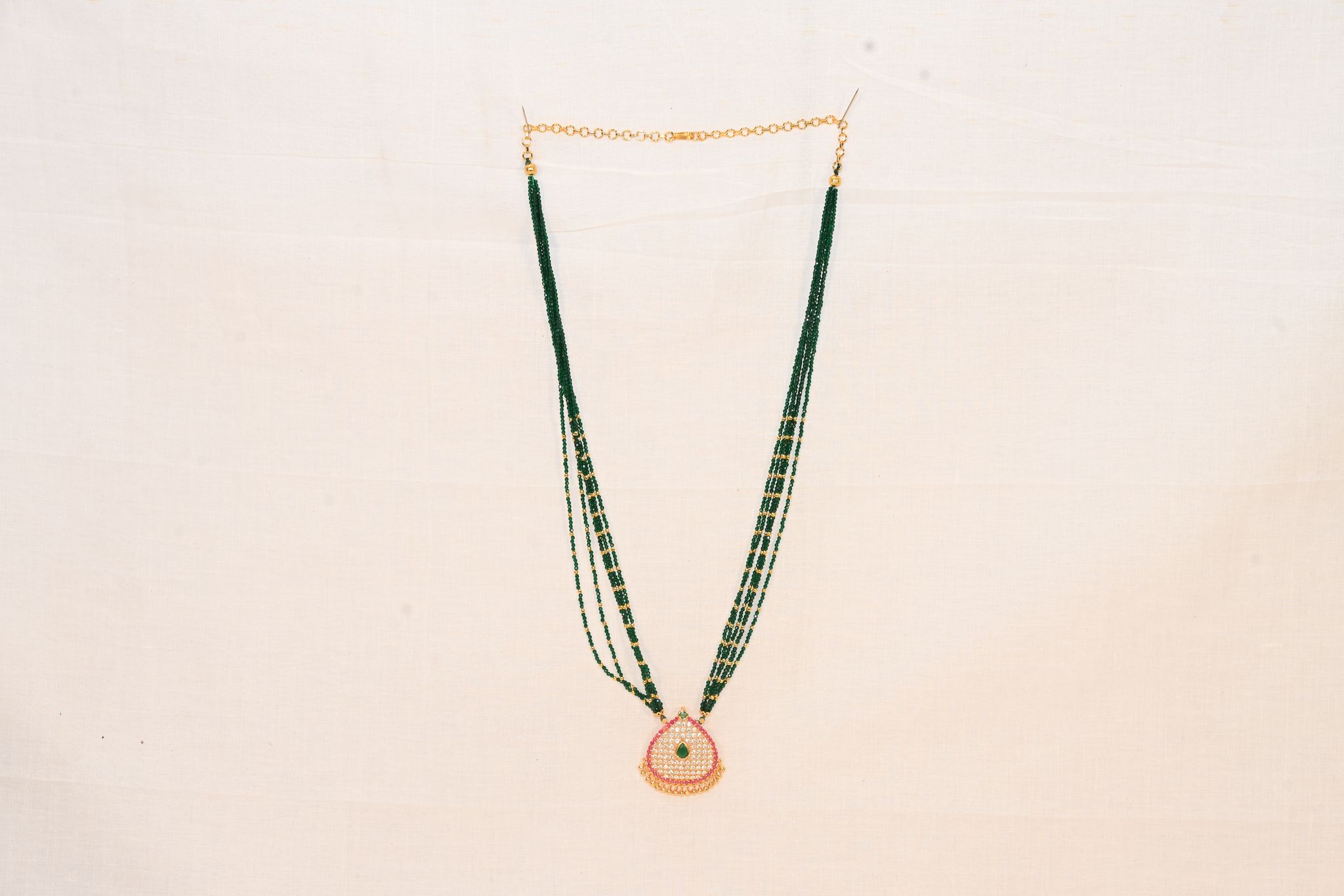 22K Gold Long Beaded Emerald Necklace