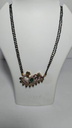 Black Beads Traditional Indian Mangalsutra Necklace with Gold Peacock Pendant