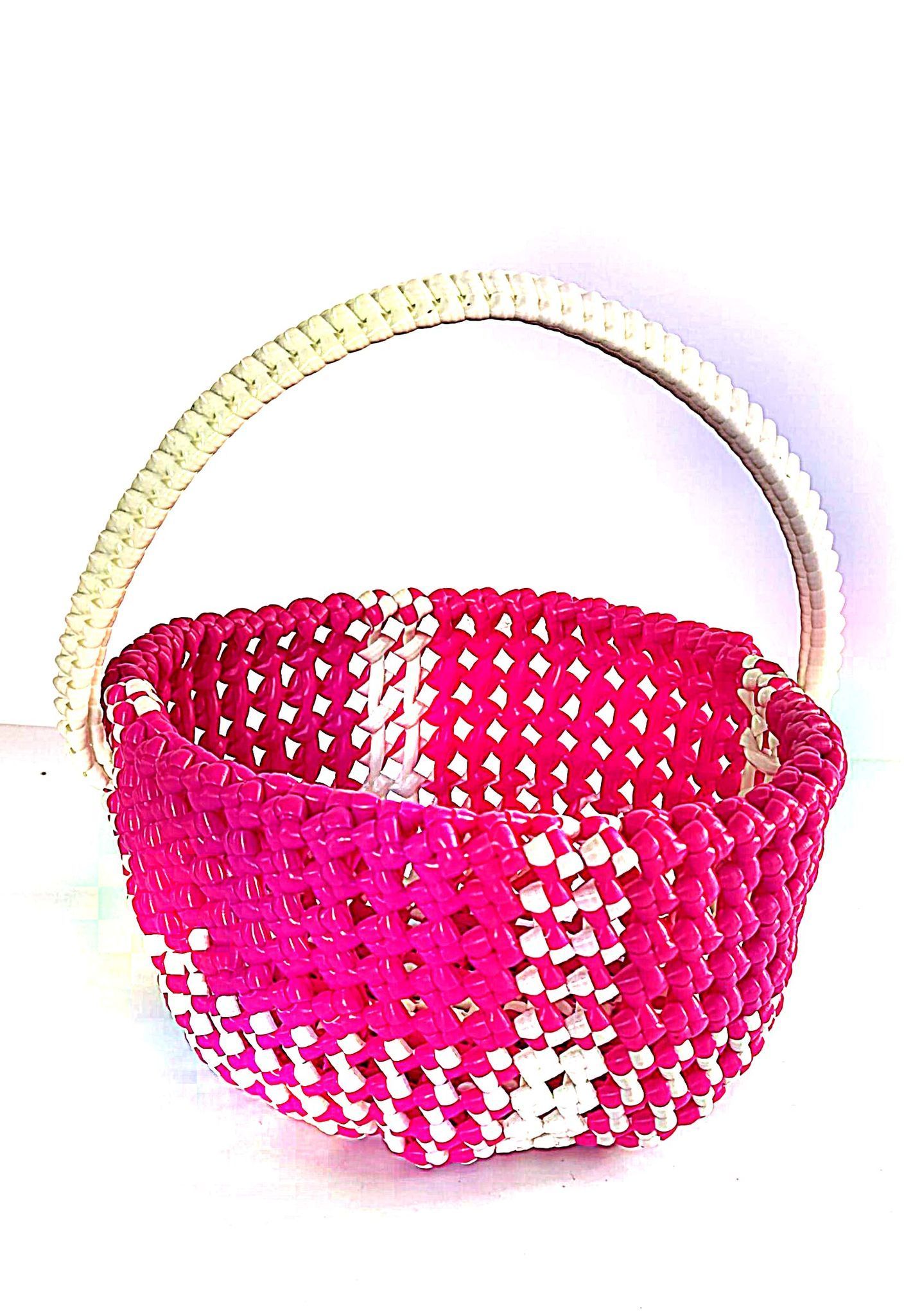 Small Handwoven Plastic Basket with Pink and White Checkered Pattern