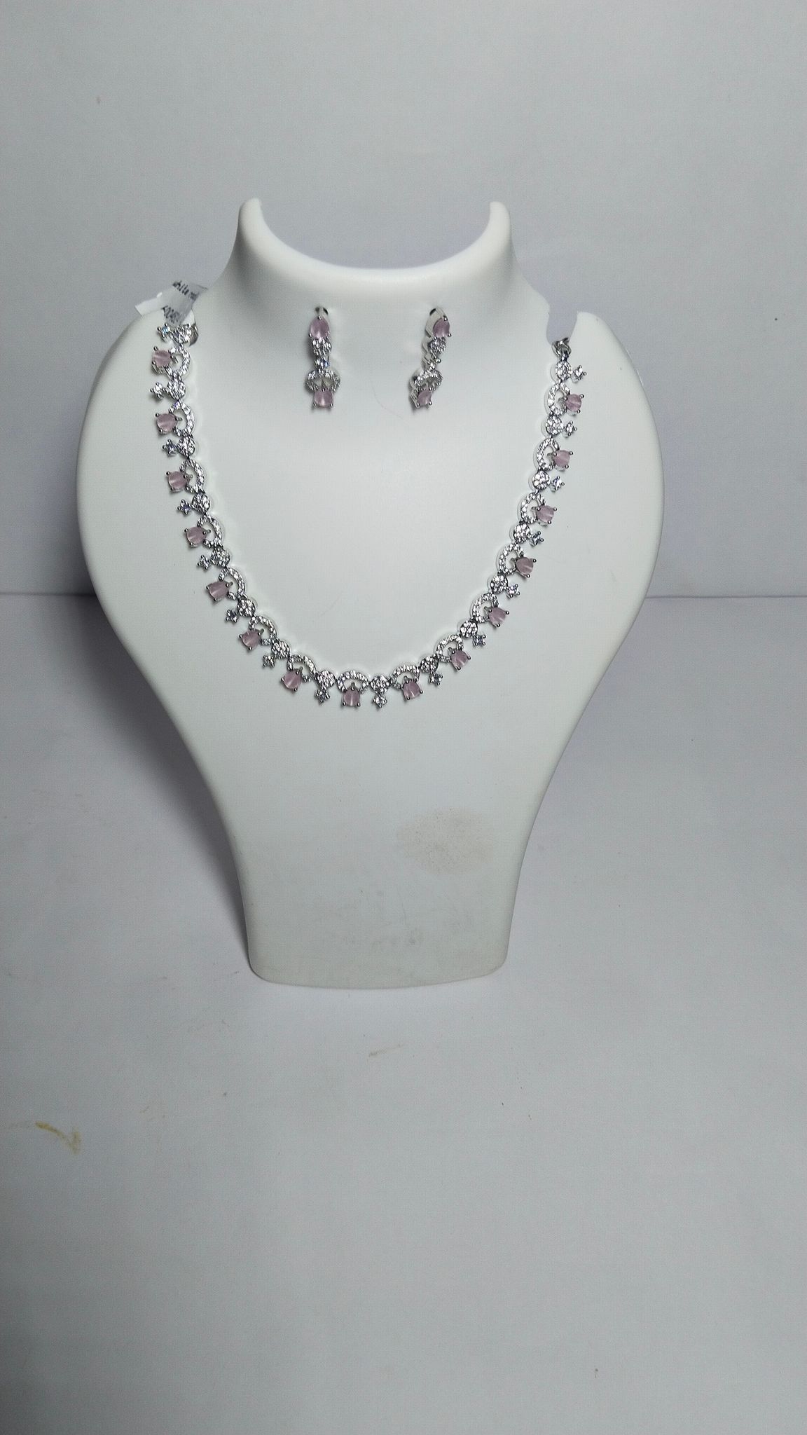 Cubic Zirconia and Pink Stone Necklace and Earring Set in Silver