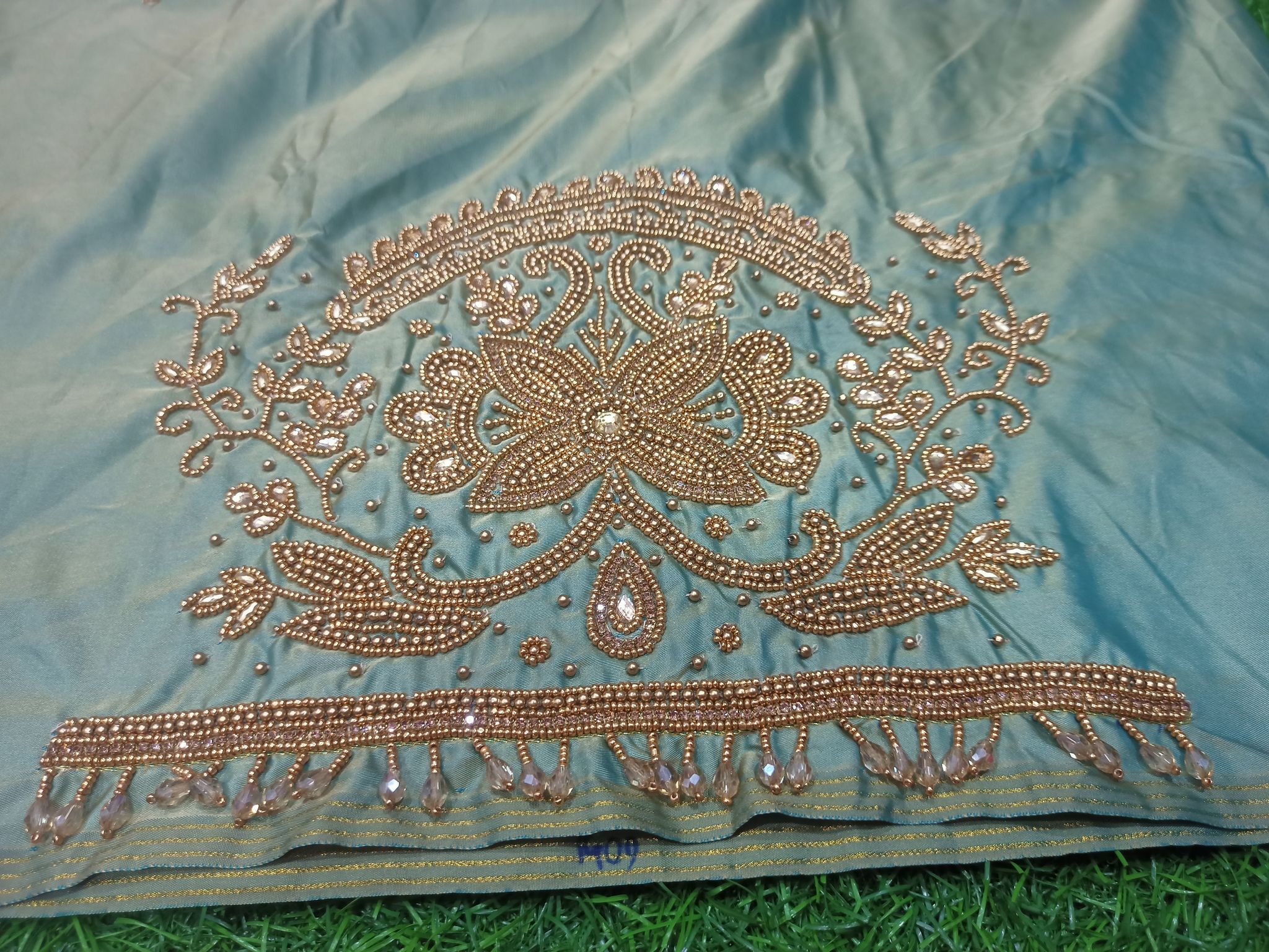 Green Saree With Golden Embroidery Work