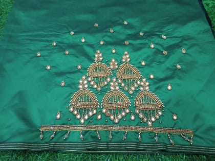 Green Saree With Golden Zari And Pearl Embroidery Work