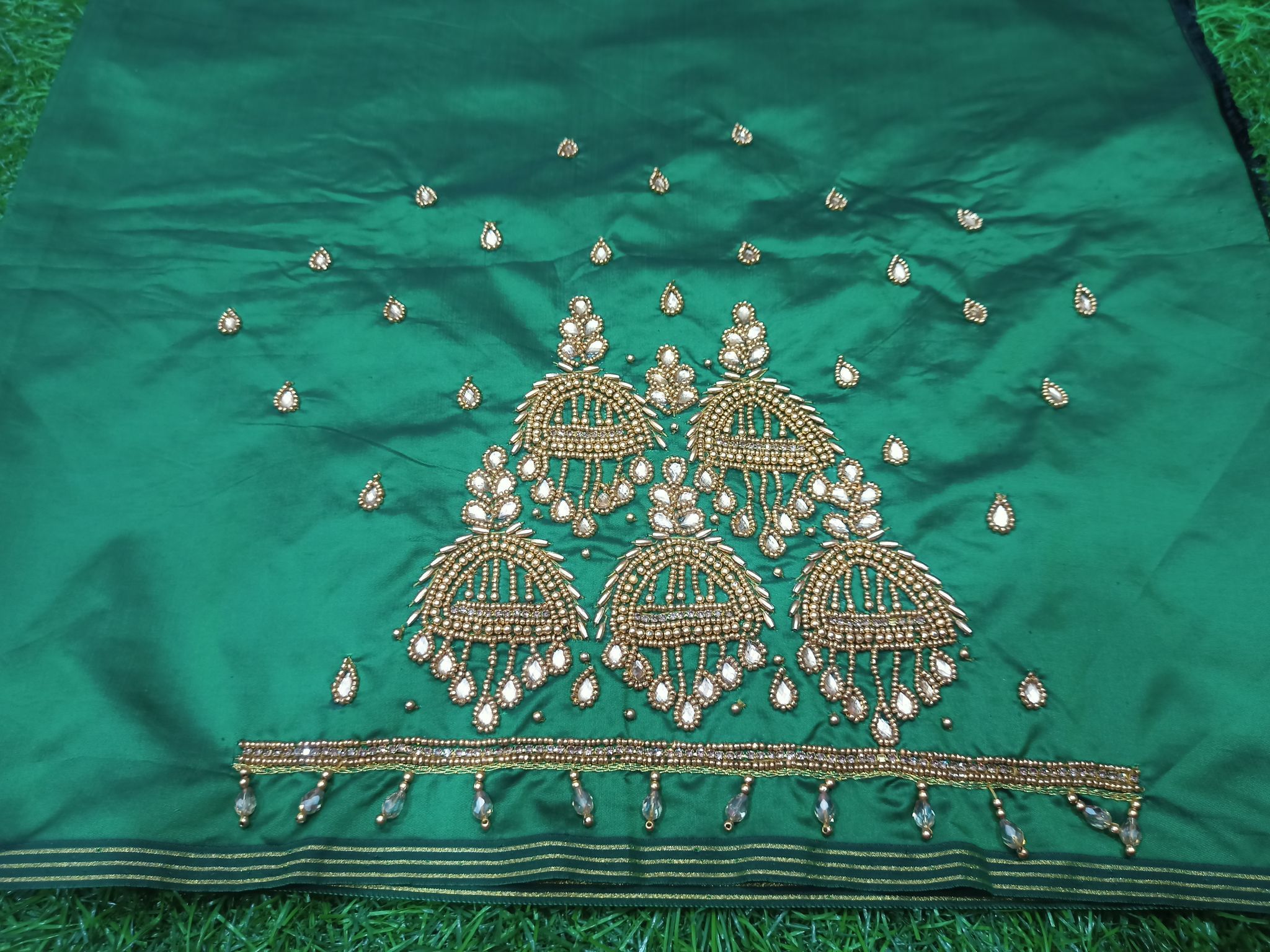 Green Saree With Golden Zari And Pearl Embroidery Work