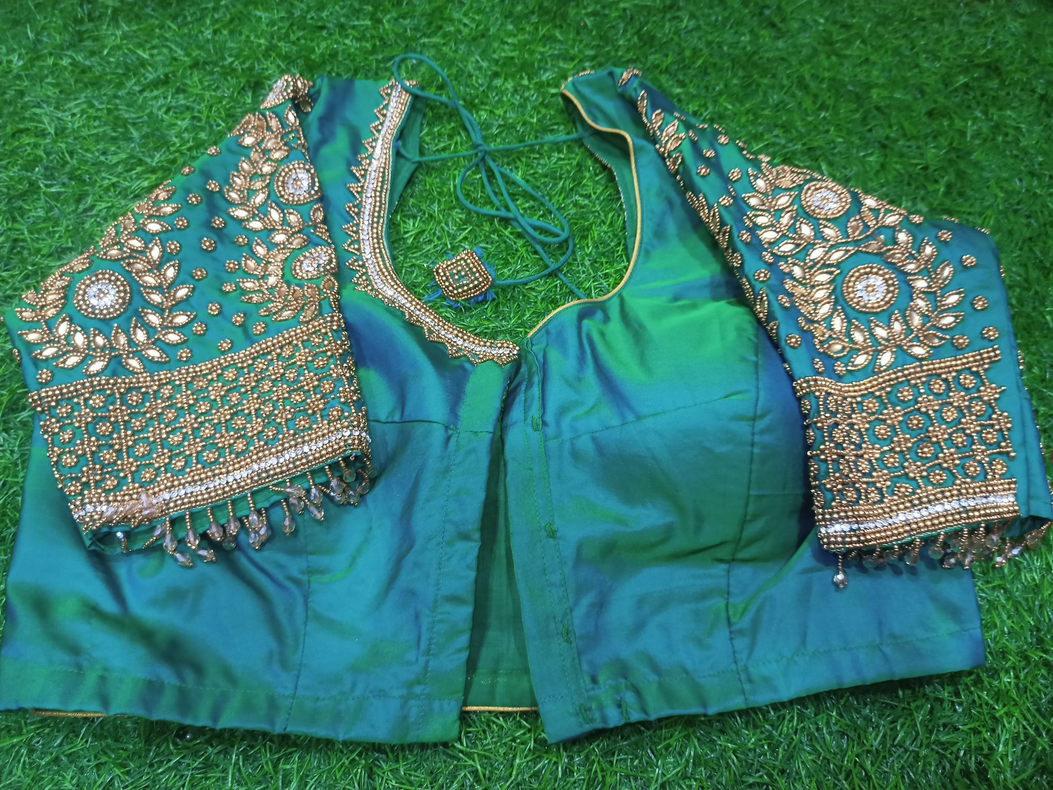 Green Hand Embroidered Blouse With Zari Work