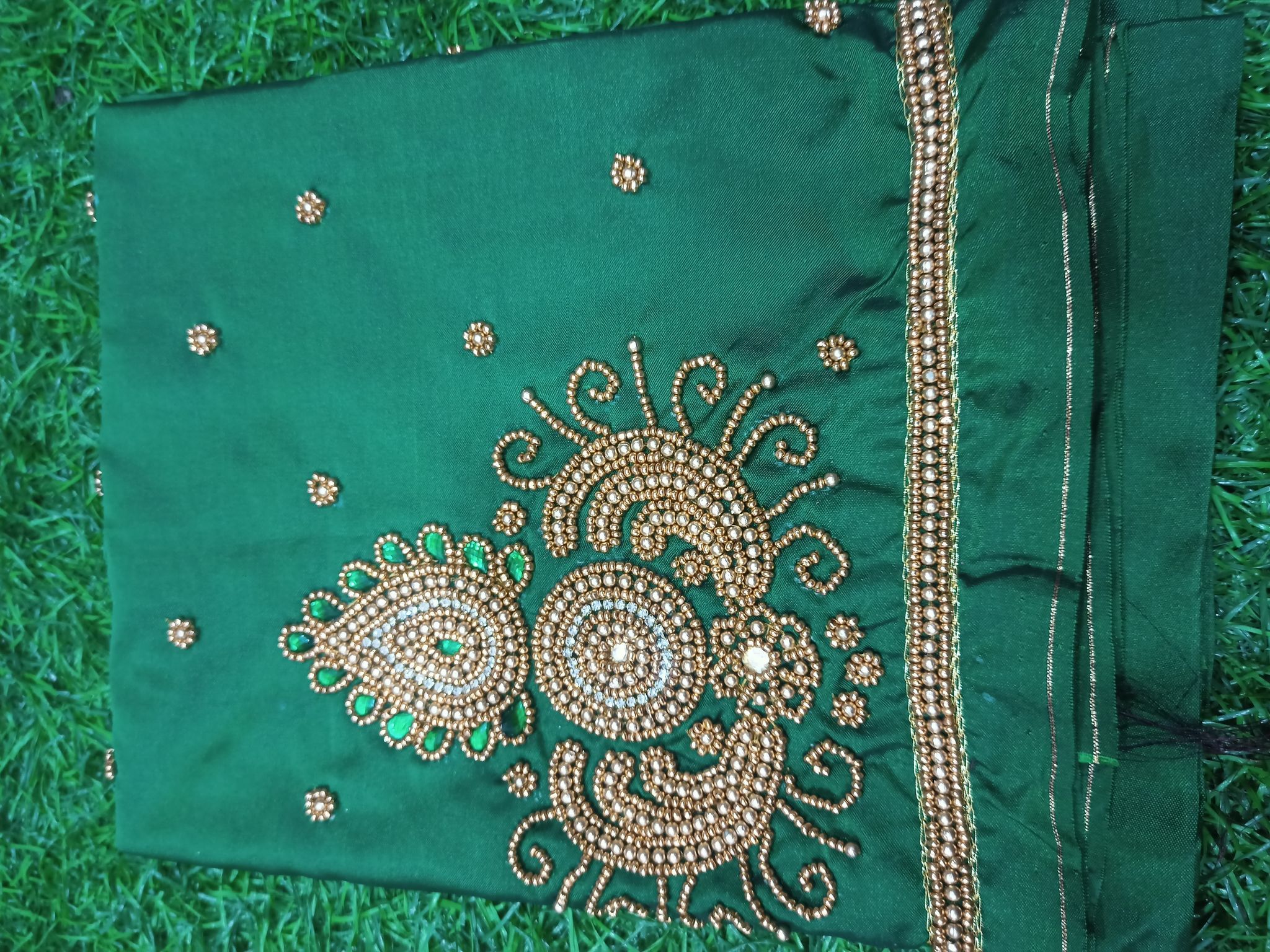 Green Saree With Golden Zari And Pearl Embroidery Work