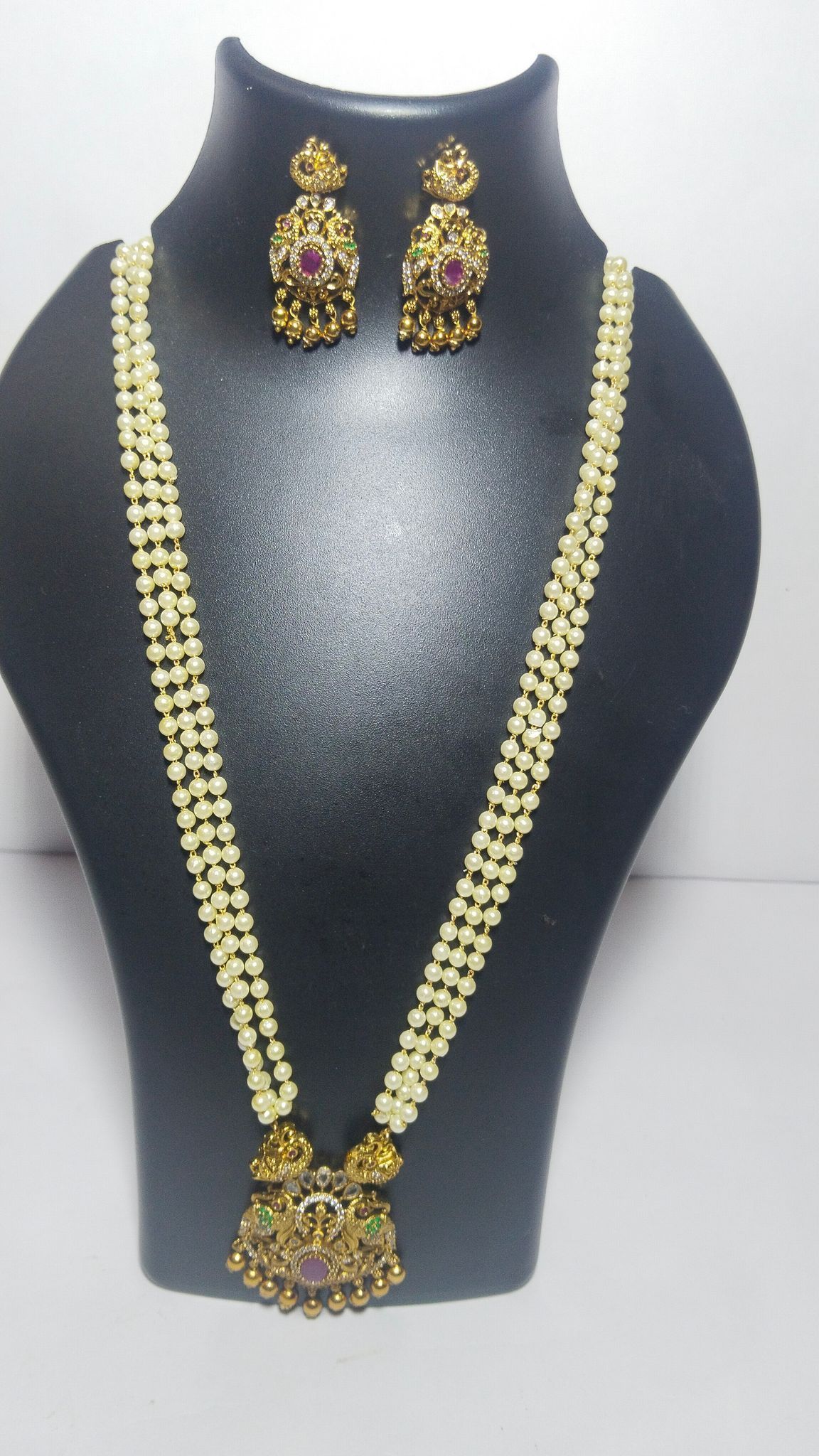 Bridal Long Pearl Necklace Set with Antique Gold Pendant and Earrings
