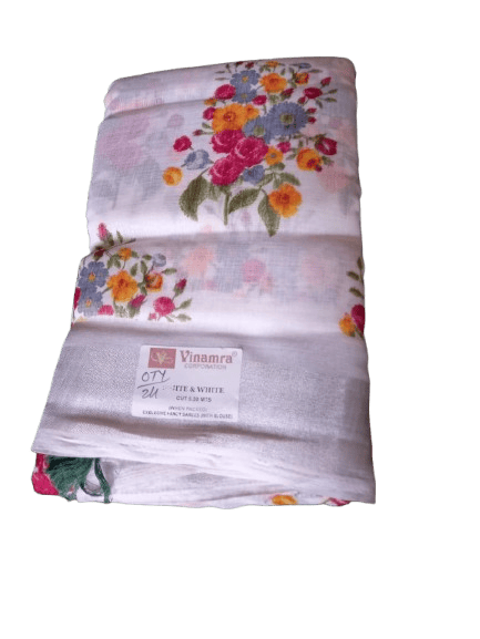 White Floral Printed Cotton Saree With Blouse