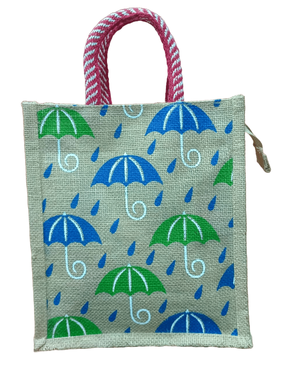 **Jute Bag with Colorful Umbrella Print**