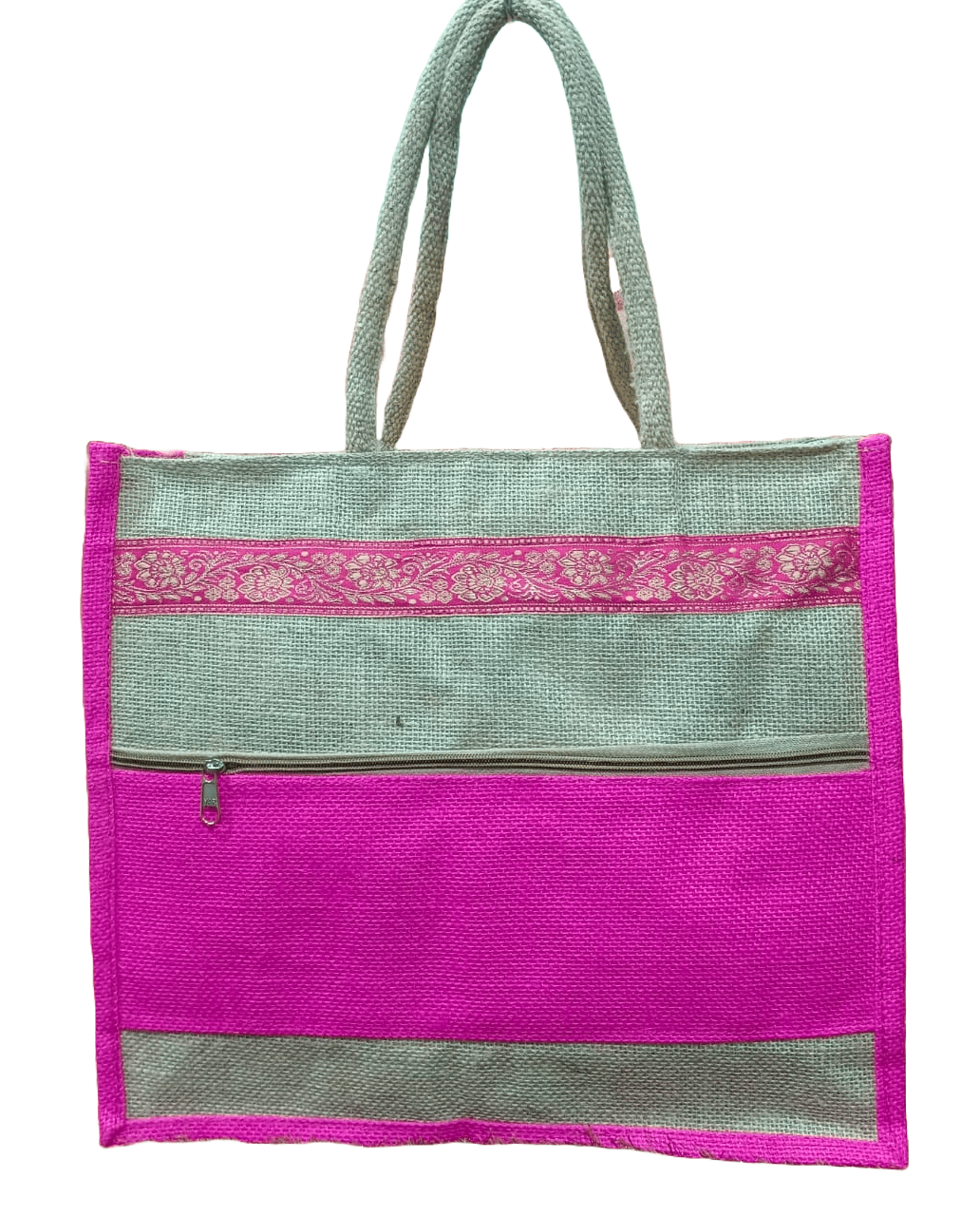 Pink Jute and Cotton Blend Tote Bag with Zippered Compartment".