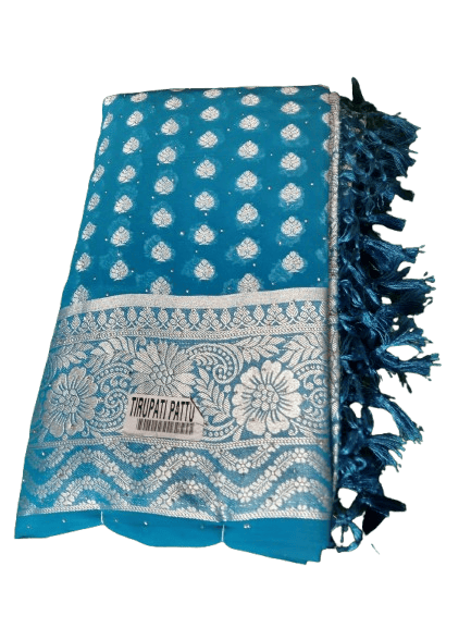 Blue Georgette Saree With Silver Zari Border