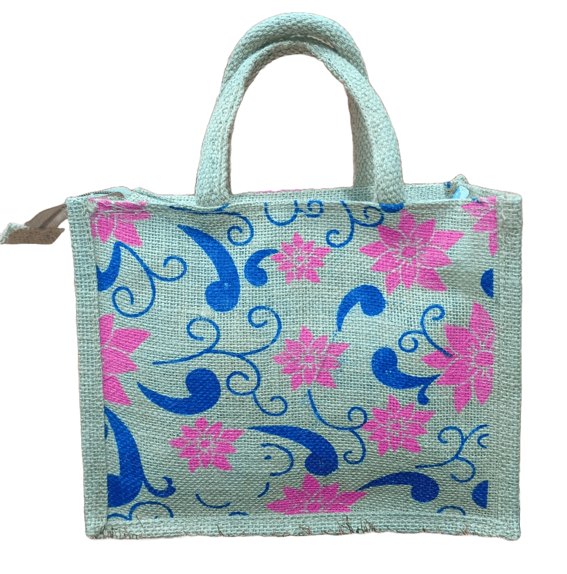 Floral printed jute tote bag with zipper closure