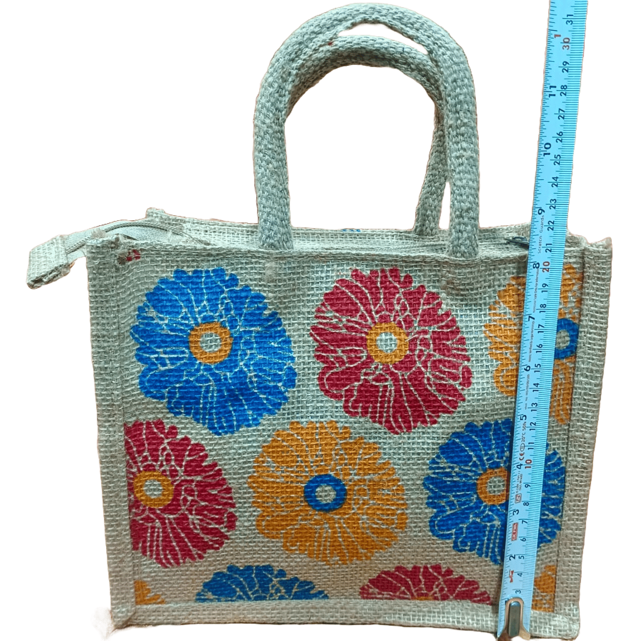 Jute Bag with Zipper and Colorful Floral Print