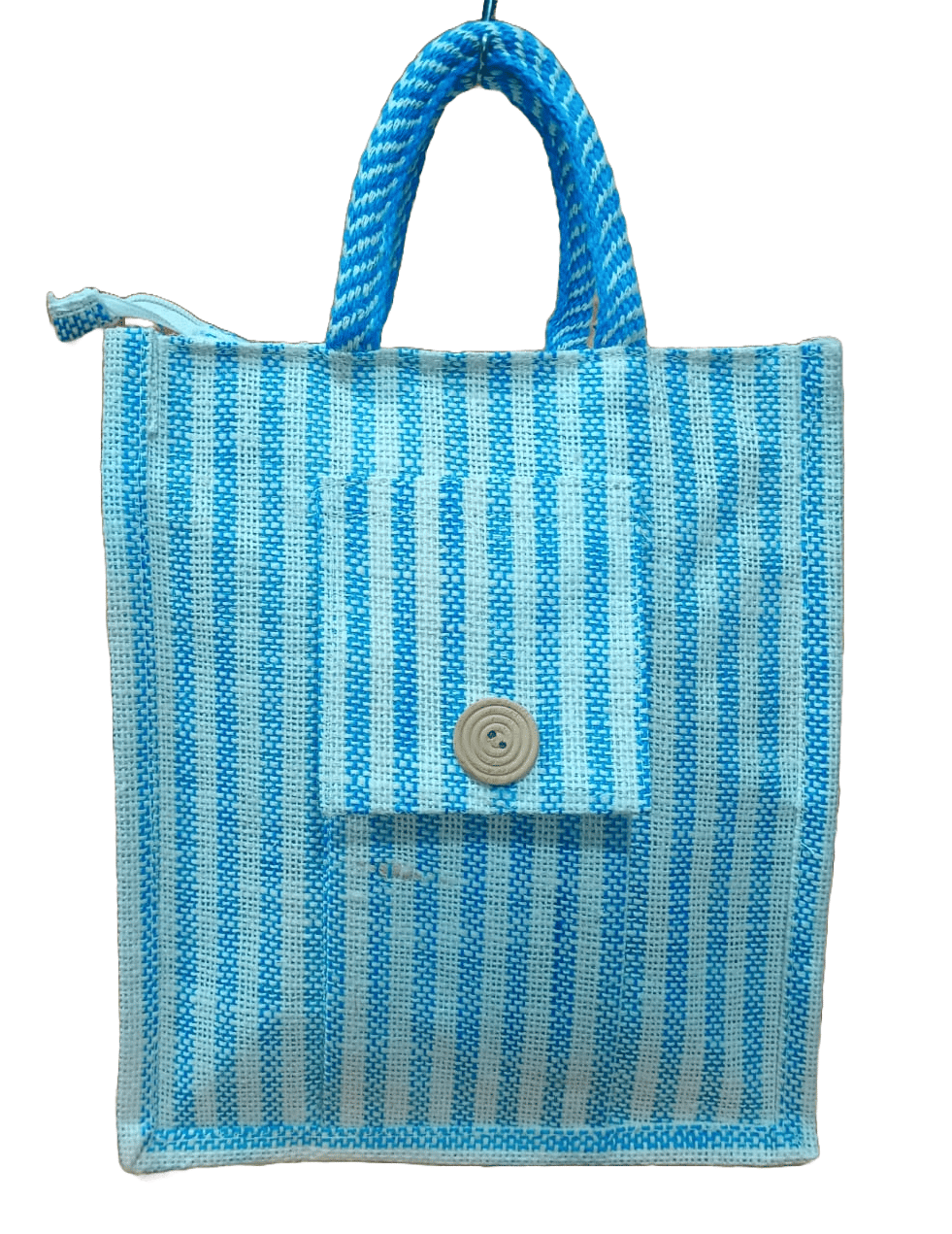 Blue and White Striped Jute Tote Bag with Button Closure