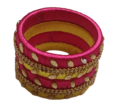 Set of 4 Silk Thread Bangles with Stone Work in Pink and Yellow