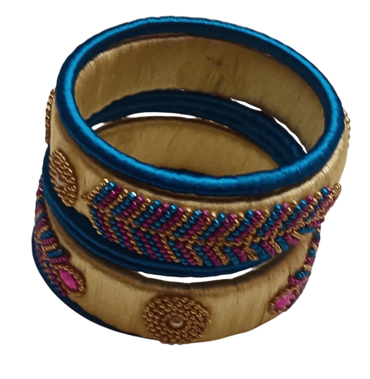 Blue Silk Thread Bangle Set with Stone and Pearl Embellishment