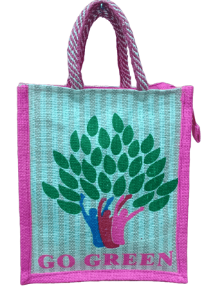 Small Pink Jute Bag with Go Green Print Small Pink Jute Bag with Go Green Print