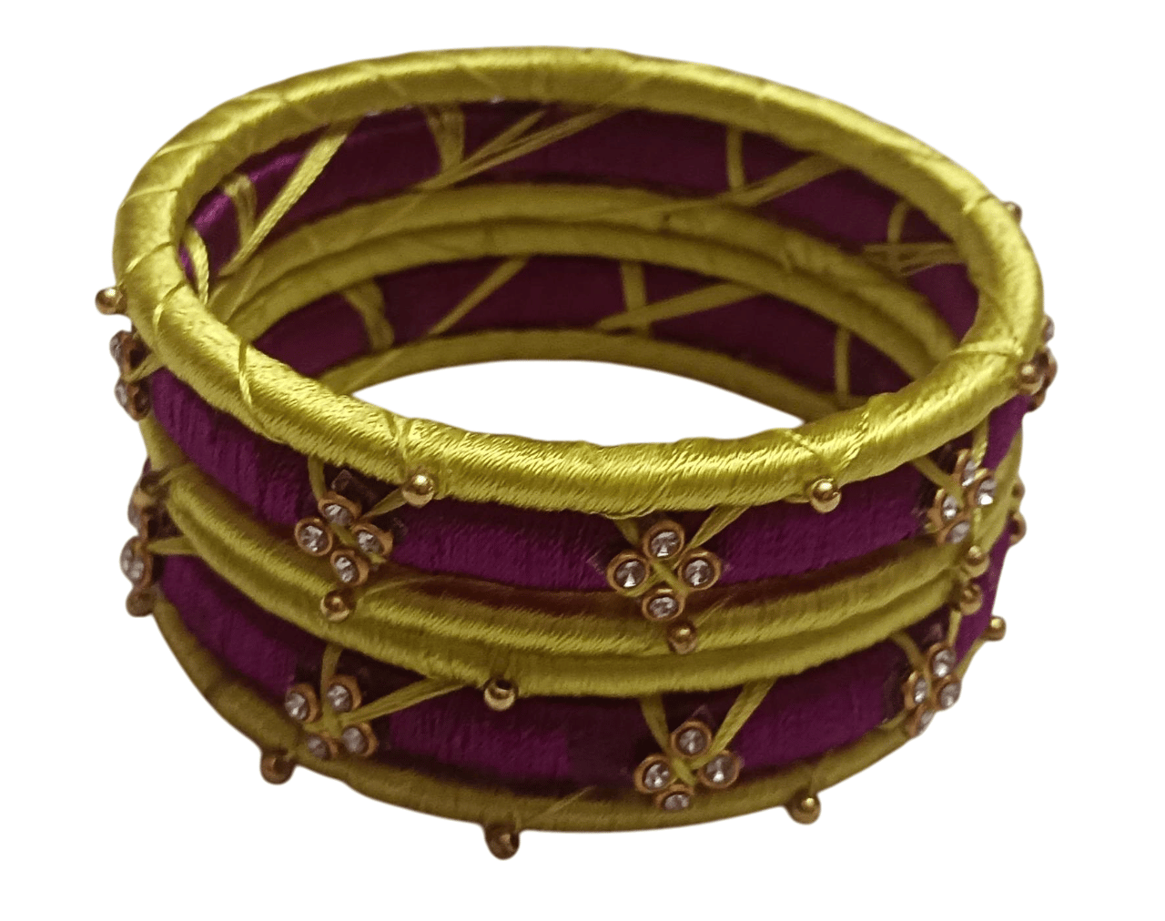 2-6 SIZE Maroon and Gold Silk Thread Bangles with Rhinestone Accents