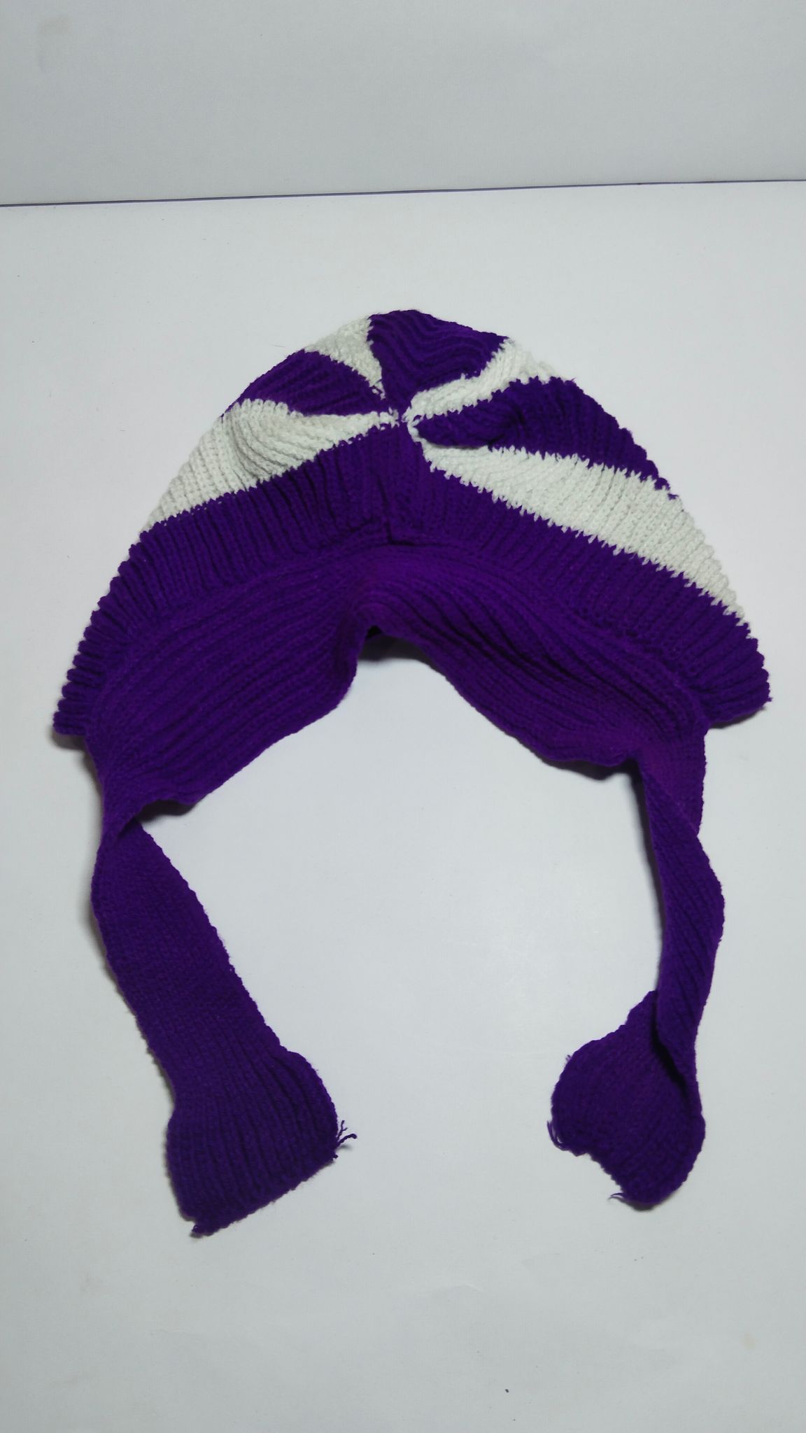 Handmade purple and white striped beanie with ear flaps