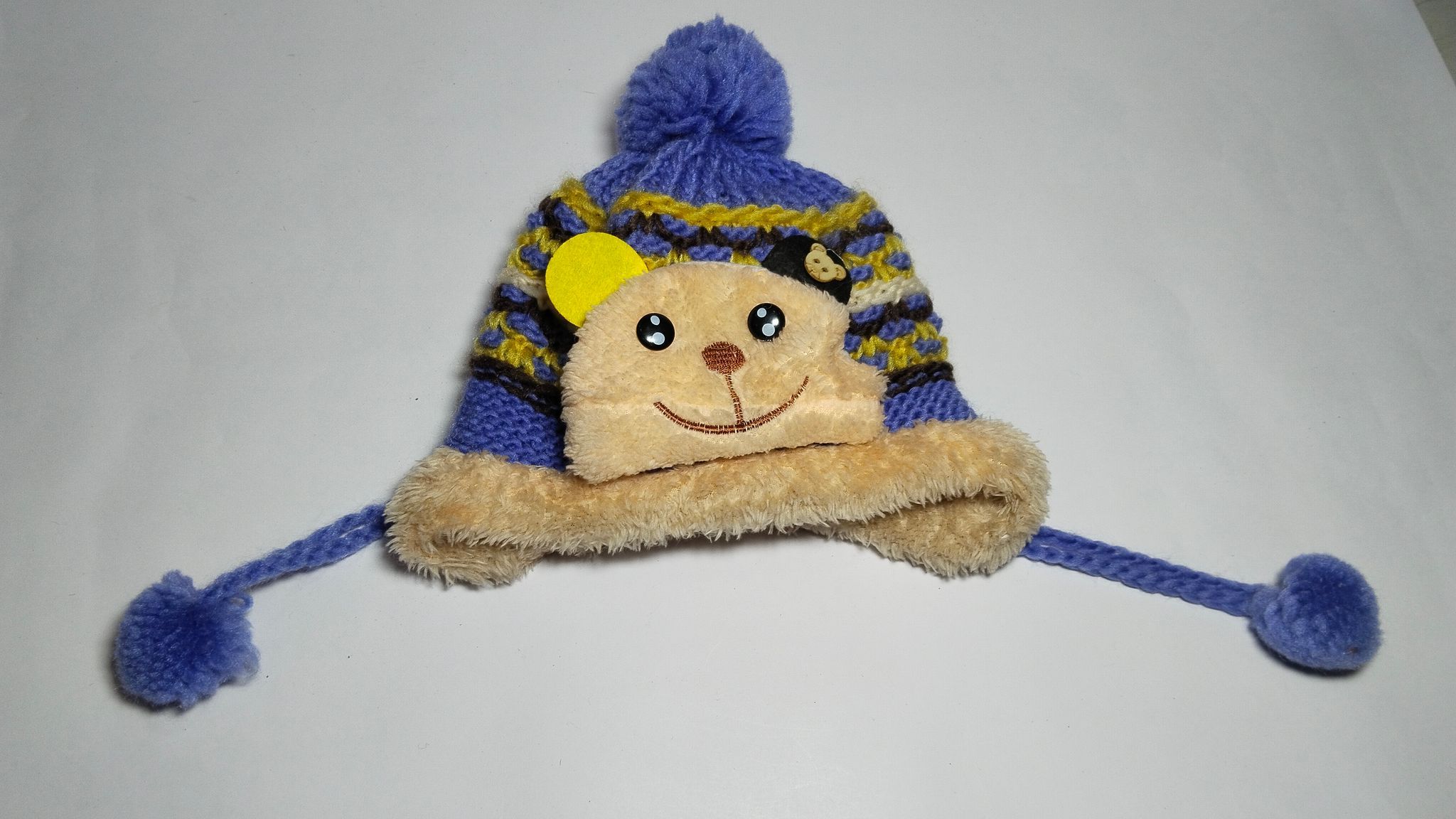 Purple and Blue Baby Winter Hat with Teddy Bear Face and Pom Poms