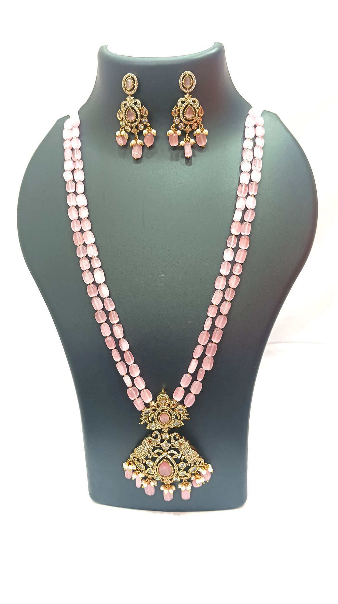 Pink Stone Necklace Set with Golden Pendant and Earrings
