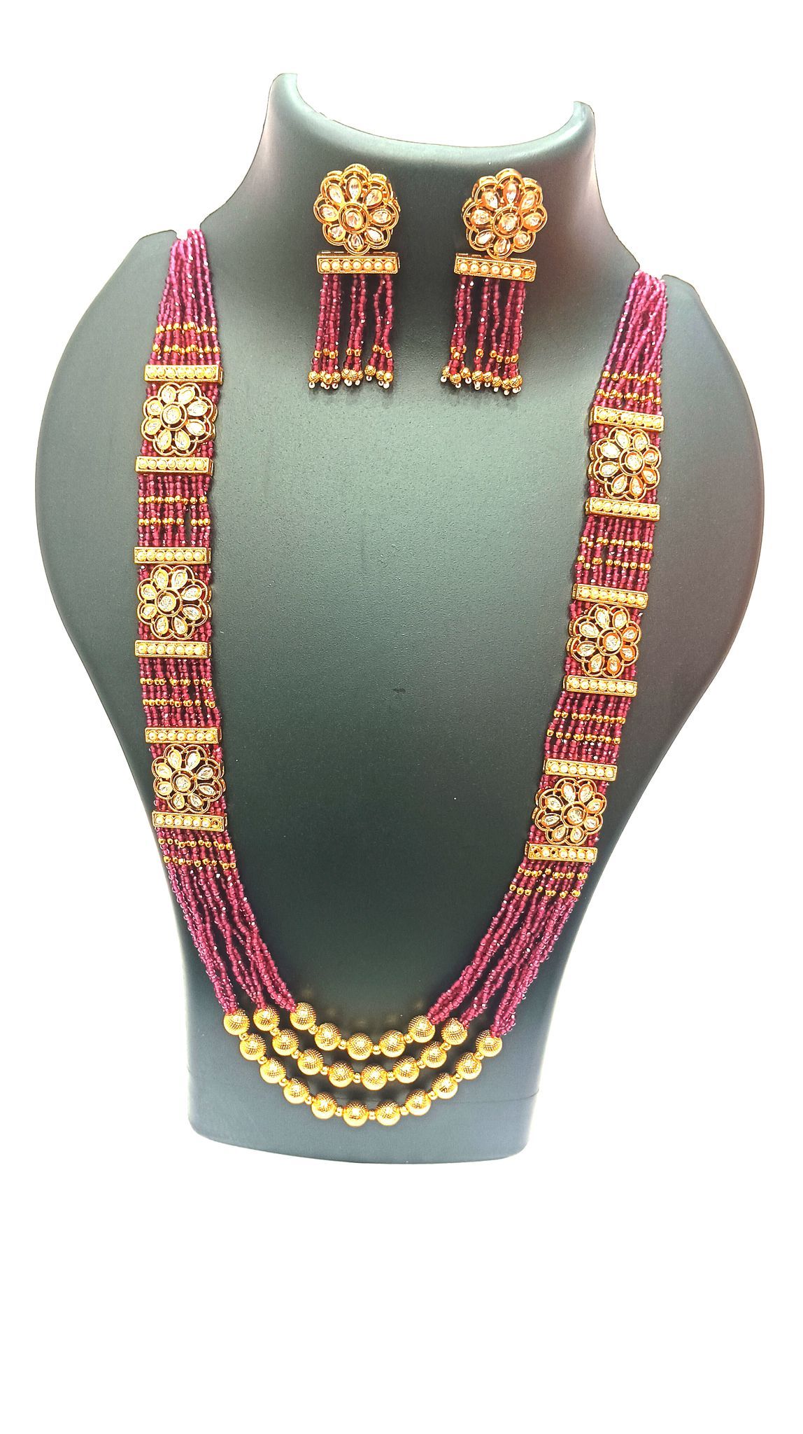 Exquisite Indian Ethnic Gold Plated Kundan Meenakari Beads Necklace Set With Earrings