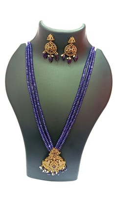 Royal Blue Beads Long Necklace with Kundan Pendant and Earrings Set