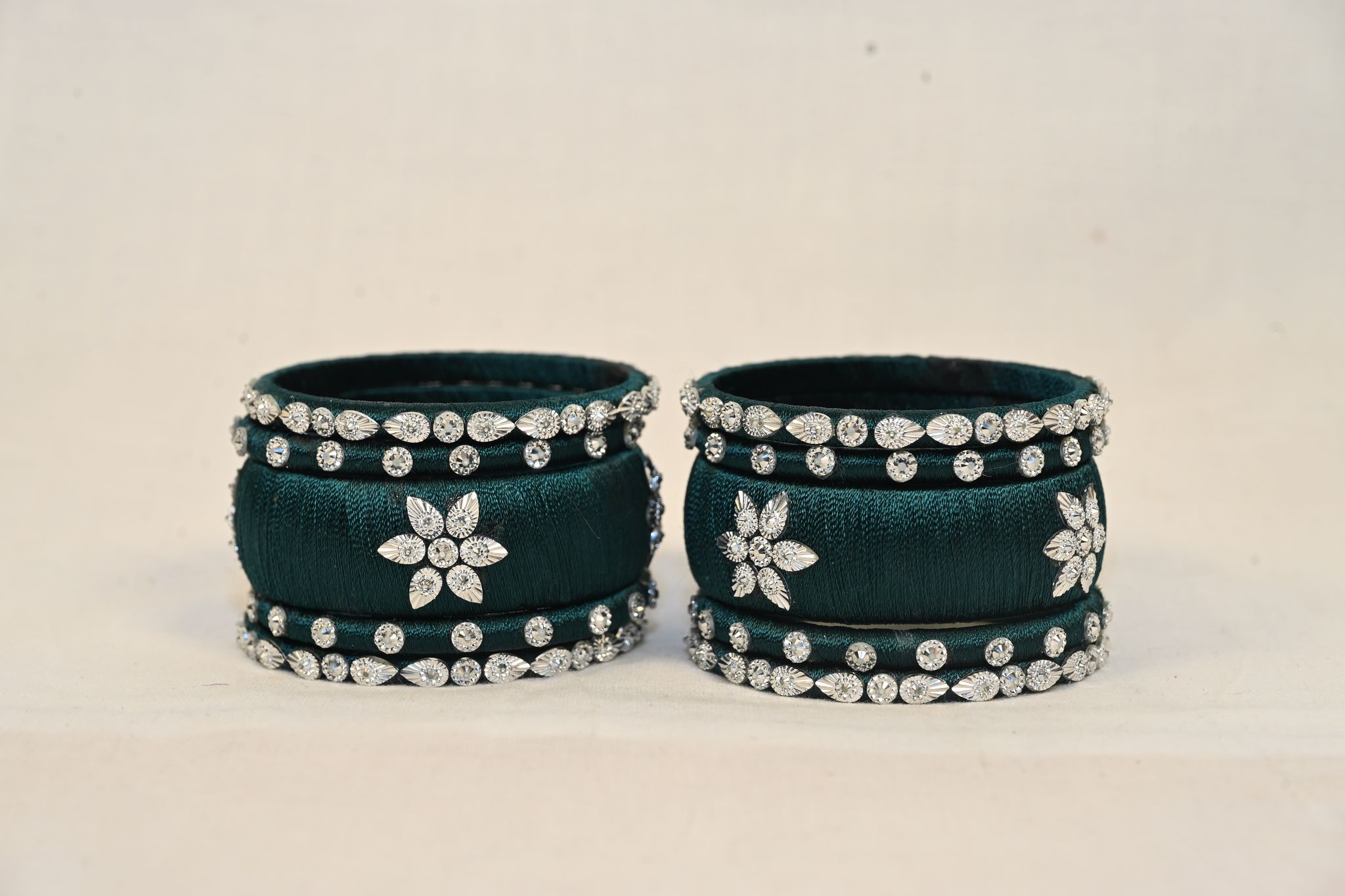 Green Silk Thread Bangle with Silver Stone