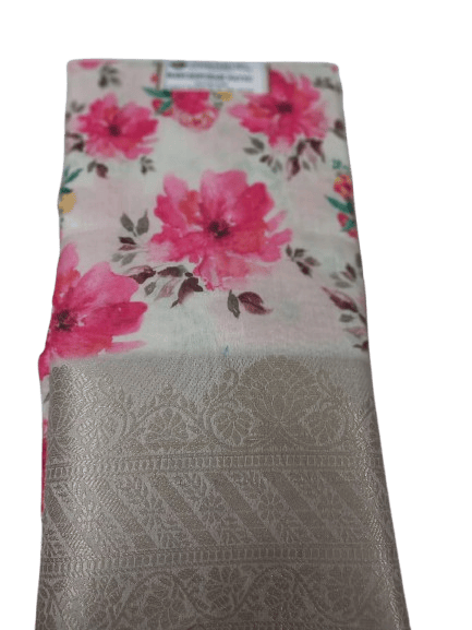 Cream and Pink Floral Saree With Silver Zari Border 6 meters with combined blouse