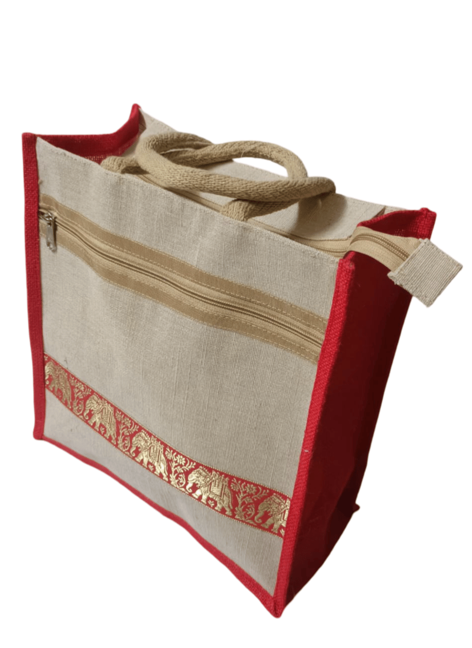 Jute tote bag Red colour with elephant design