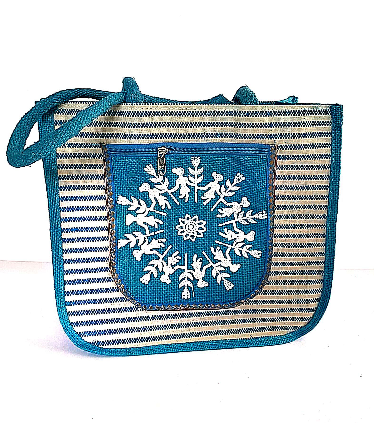 Embroidered Jute Tote Bag with Zippered Pocket