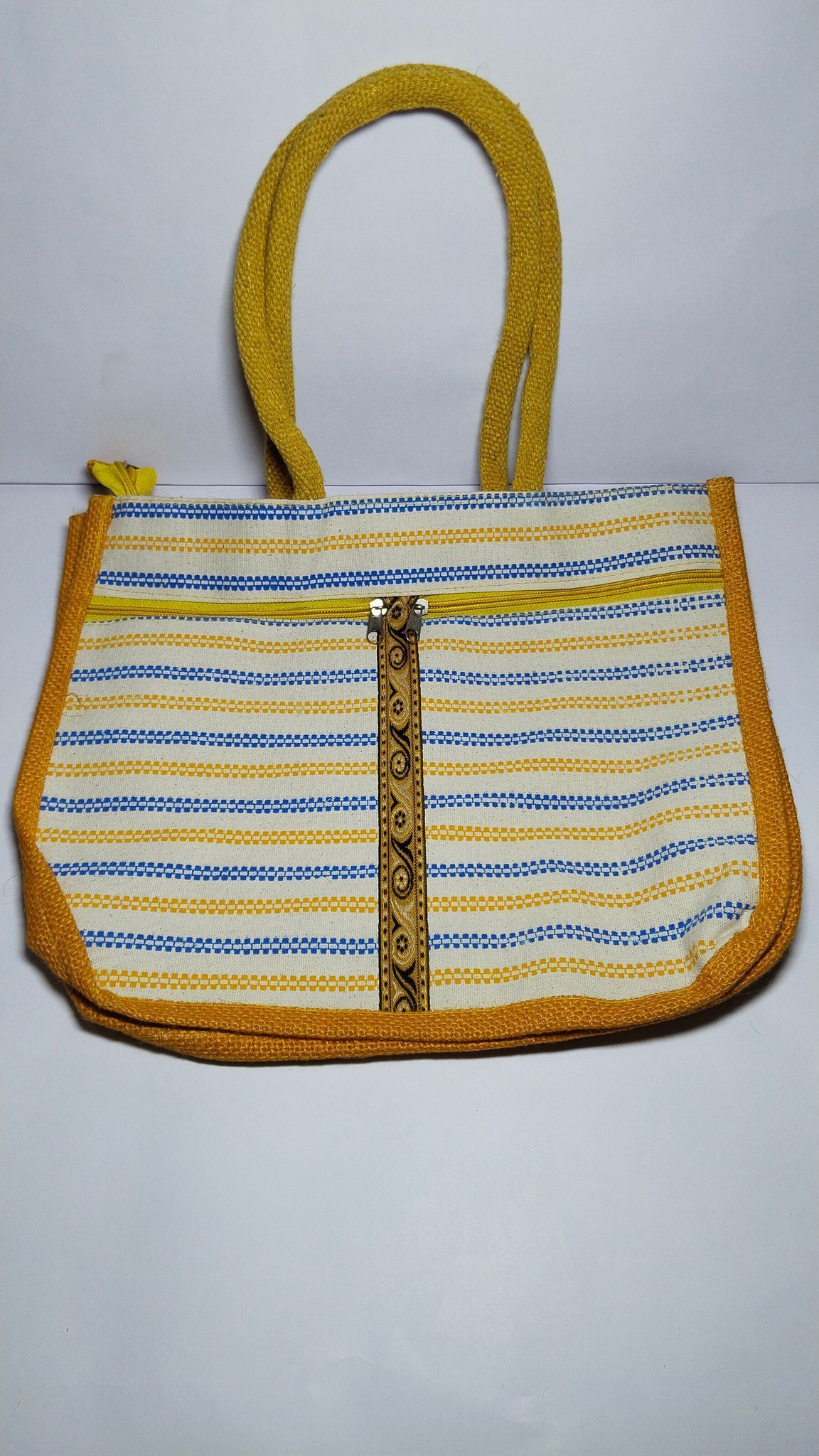 Handwoven Striped Jute Tote Bag with Zipper and Embroidered Detail